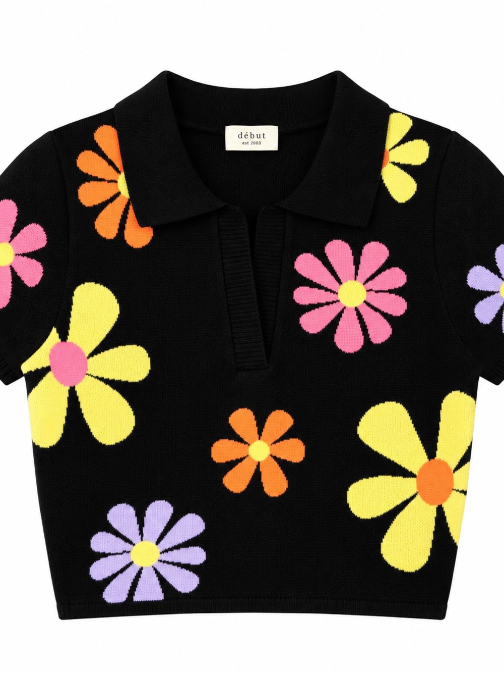Black Floral Knit Polo Top - Kids